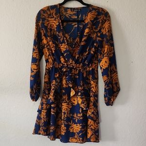 Lush Blue and Orange Floral Long Sleeve Dress